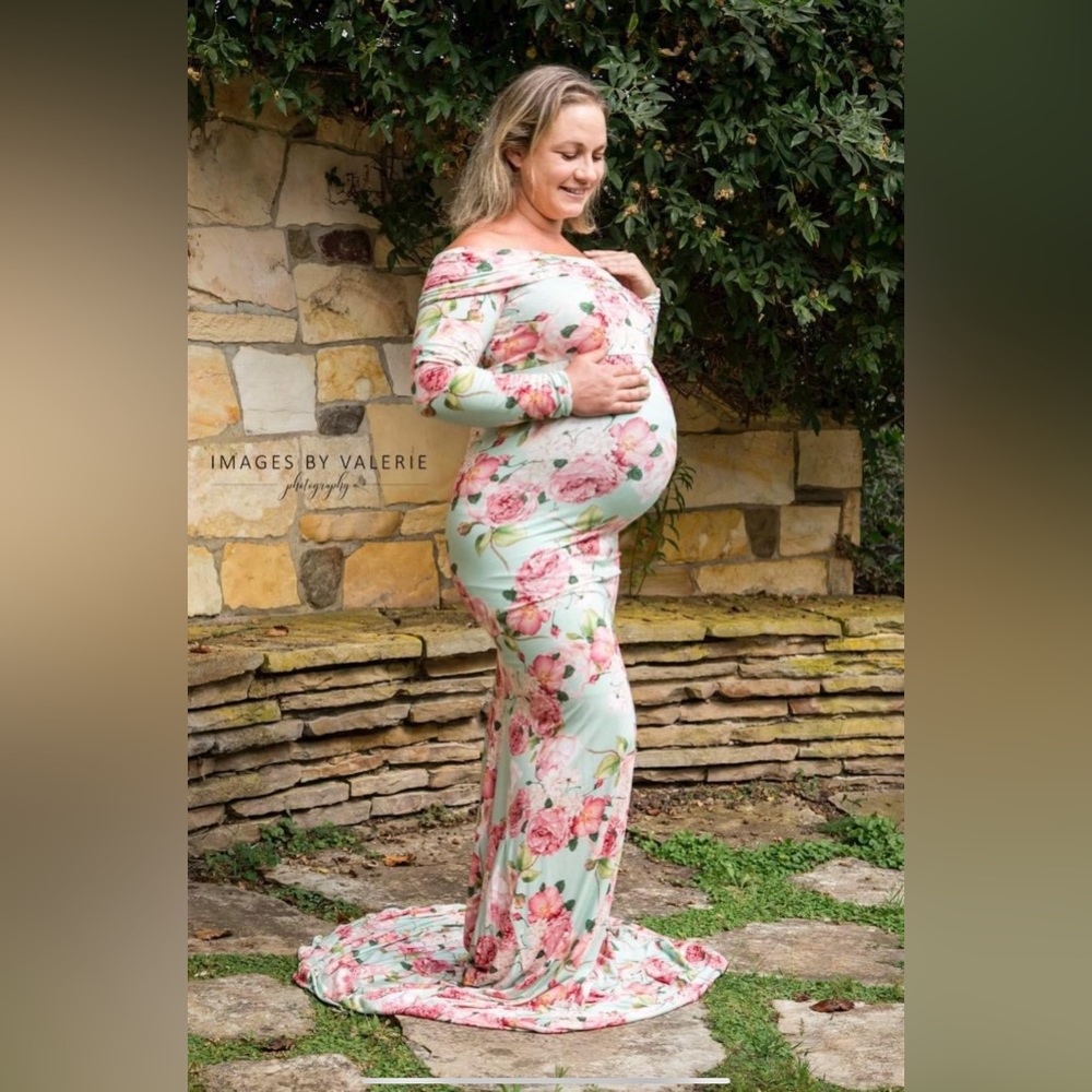 Sew Trendy Green with Rose Print Maternity Gown